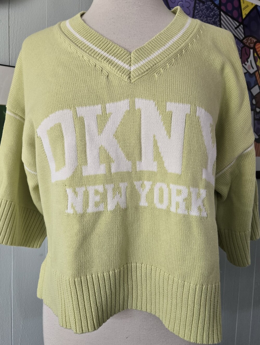 DKNY Lime Green V-Neck Logo Pullover Sweater Size S